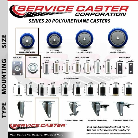 Service Caster 3'' Blue Polyurethane Creeper Swivel Bolt Hole Caster CREE-SCC-BH20S314-PPUB-BLUE